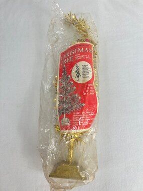 VTG 1973 Metallic Gold Foil Tabletop Christmas Tree Ball Ornaments & Pedestal Ba